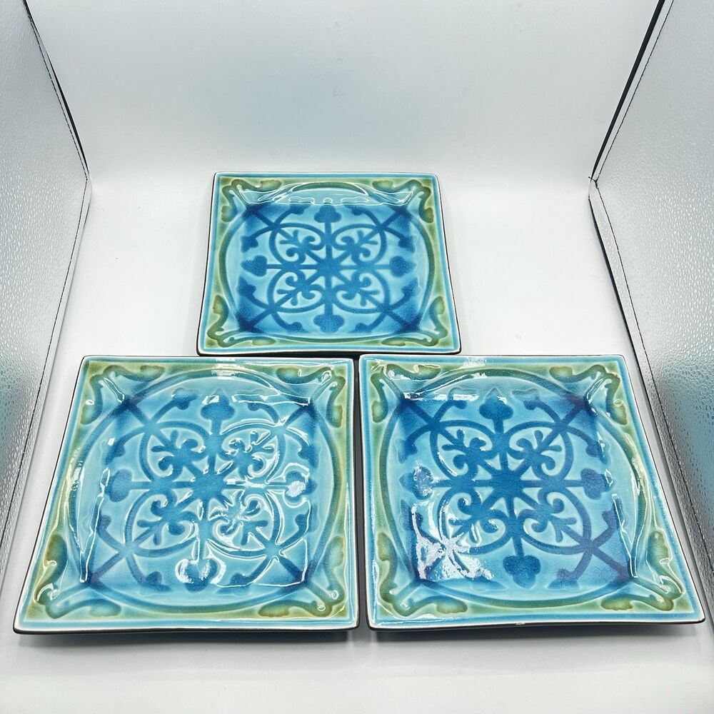Roscher Lorelei colorful stylish square 8 1/4" plates stoneware - Set Of 3